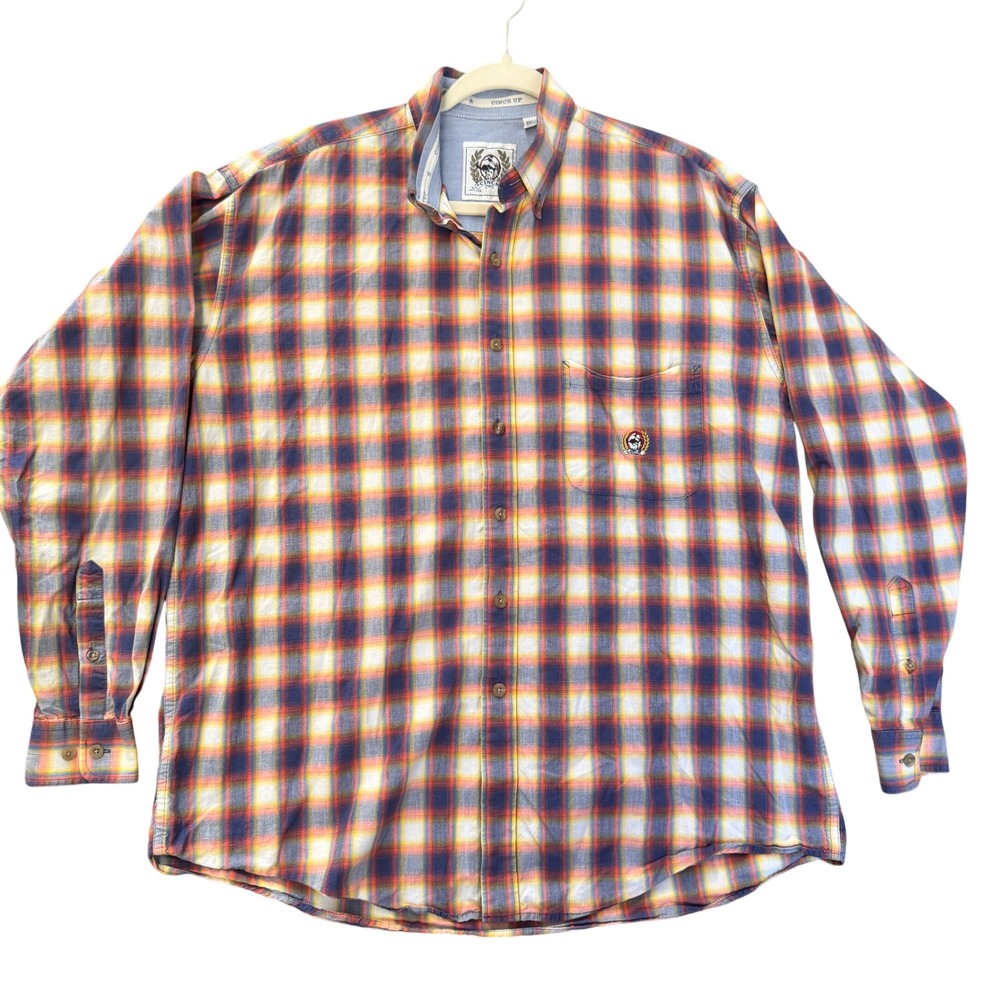 Cinch Mens Large Plaid Button Down Shirt Long Sleeve Blue Orange Cotton Western
